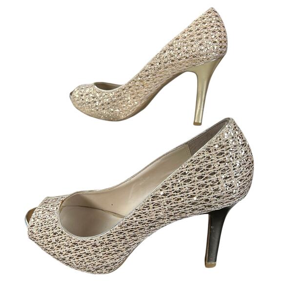 Audrey Brooke Pumps Women Size 9 Gold Glitter Peep Toe Glam Party Holiday Heels - Picture 3 of 9